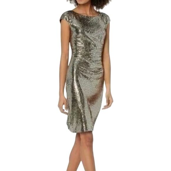 Anne Klein Size 12 Metallic Gold Ruched Cap Sleep Sheath Dress Knee Length NWT - Picture 1 of 12